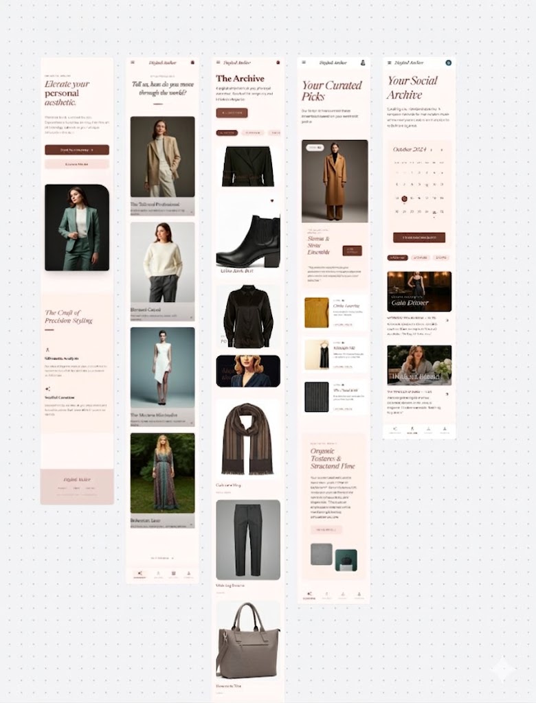 Early concept exploration across five core screens of the styling journey
